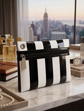 Jones New York Striped Black & White Pouch Clutch - Designer Style